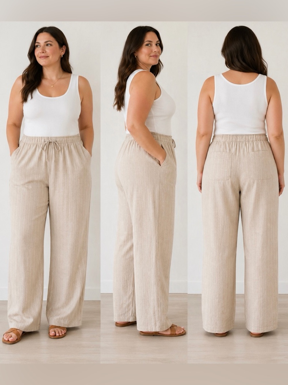 Coastal Linen Blend Straight Leg Pants XL Pinstripe Drawstring Counterparts
